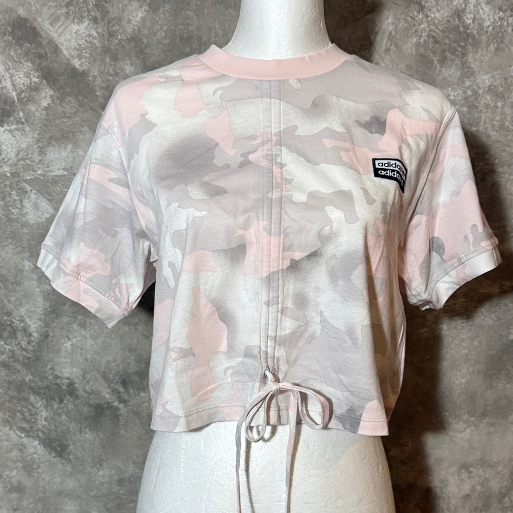 Adidas Women's Pink and White Camo Crop Top (Love 14)